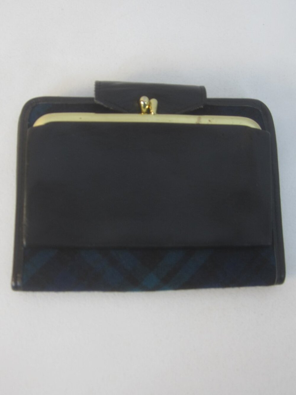 Vtg Princess Gardner Bifold Wallet Black Teal Blue Plaid Cowhide Kiss Lock Purse - Picture 2 of 10